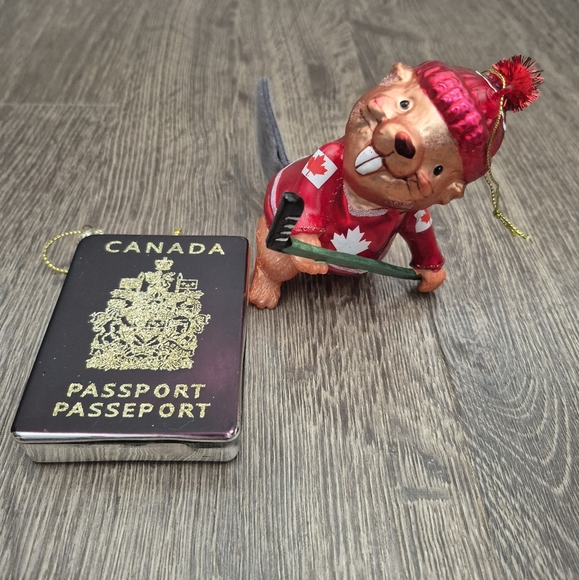 Hallmark Other - Canadian Christmas Tree Ornaments Canadian Passport + Beaver Hockey Player